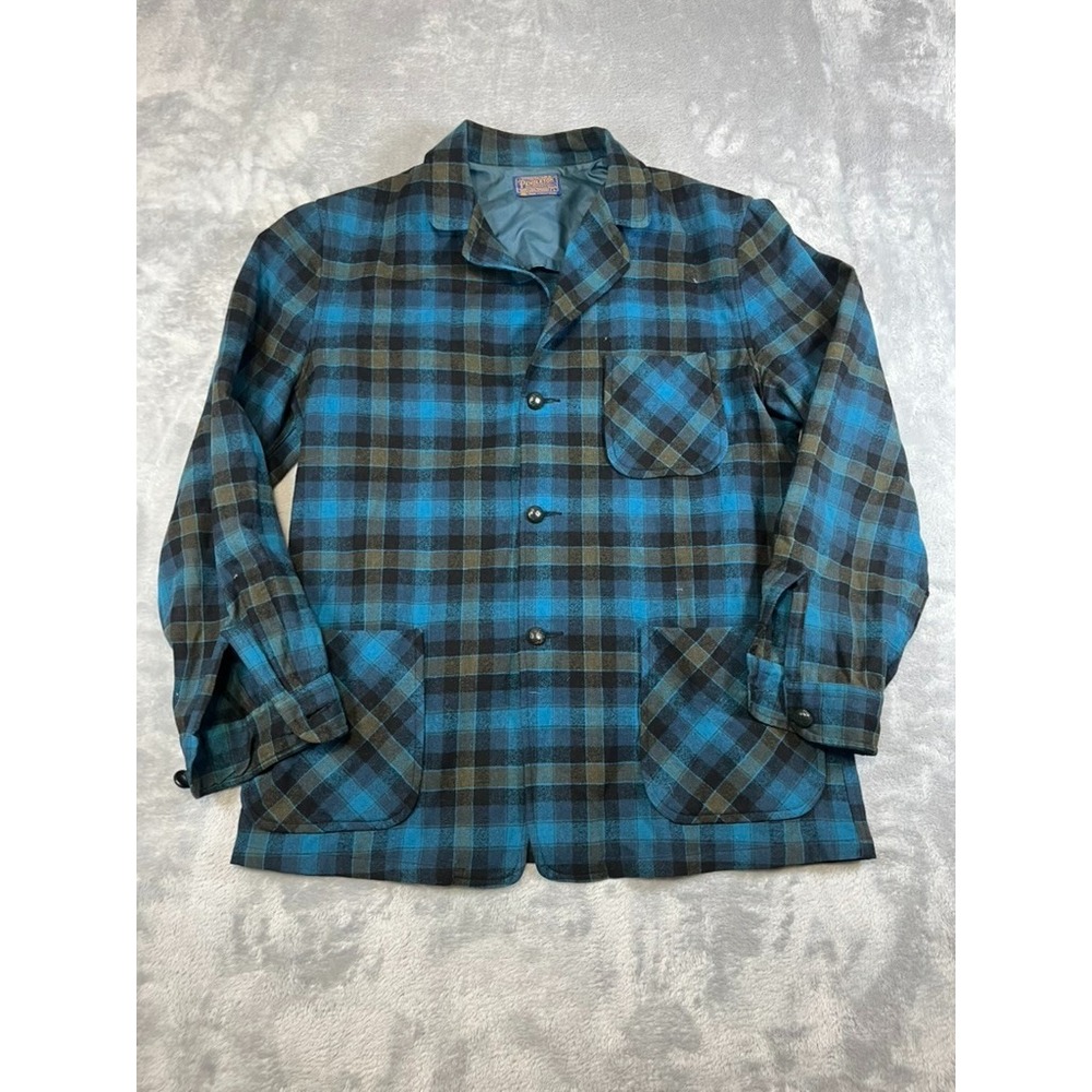 Vintage Pendleton Wool Plaid Chore Coat Blue Black USA Made Button Front Large